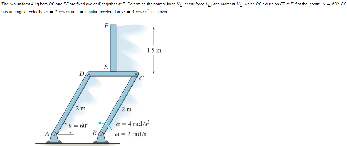 The two uniform 4-kg bars DC and EF are fixed (welded) together at E. Determine the normal force NE, shear force VE, and moment ME, which DC exerts on EF at E if at the instant = 60° BC
has an angular velocity
= 2 rad/s and an angular acceleration a = 4 rad/s² as shown.
A
D
2 m
0 = 60°
B
F
E
2 m
C
1.5 m
a = 4 rad/s²
w = 2 rad/s