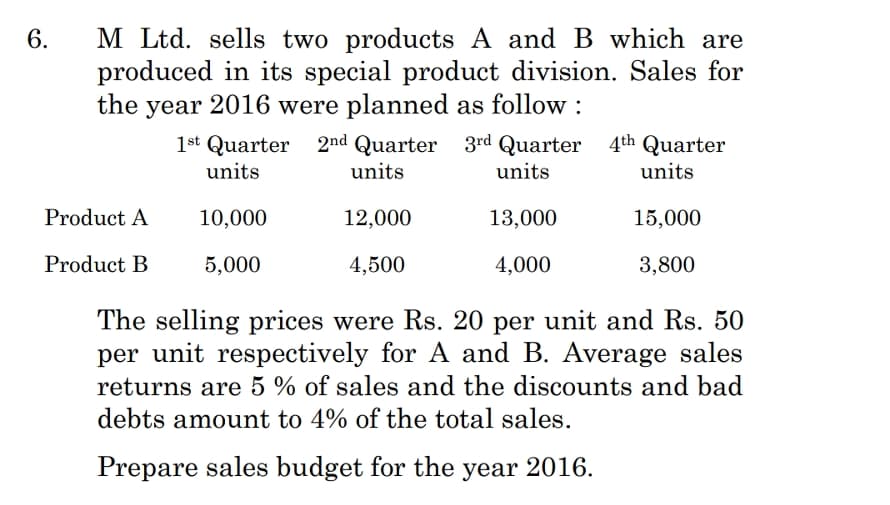 M Ltd. sells two products A and B which are
produced in its special product division. Sales for
the
6.
year 2016 were planned as follow :
1st Quarter 2nd Quarter 3rd Quarter 4th Quarter
units
units
units
units
Product A
10,000
12,000
13,000
15,000
Product B
5,000
4,500
4,000
3,800
The selling prices were Rs. 20 per unit and Rs. 50
per unit respectively for A and B. Average sales
returns are 5 % of sales and the discounts and bad
debts amount to 4% of the total sales.
Prepare sales budget for the year 2016.
