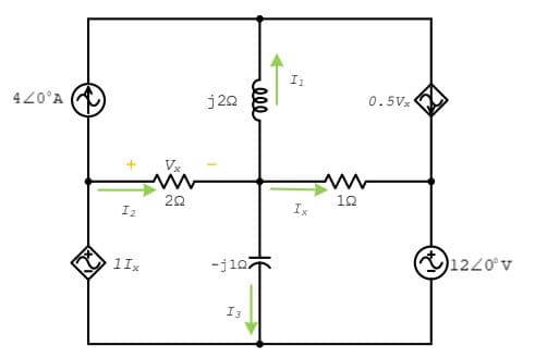 I1
0.5Vx
420°A )
j20
Vx.
20
10
Ix
I2
-ji07
1220° v
1Ix
I3
ele
