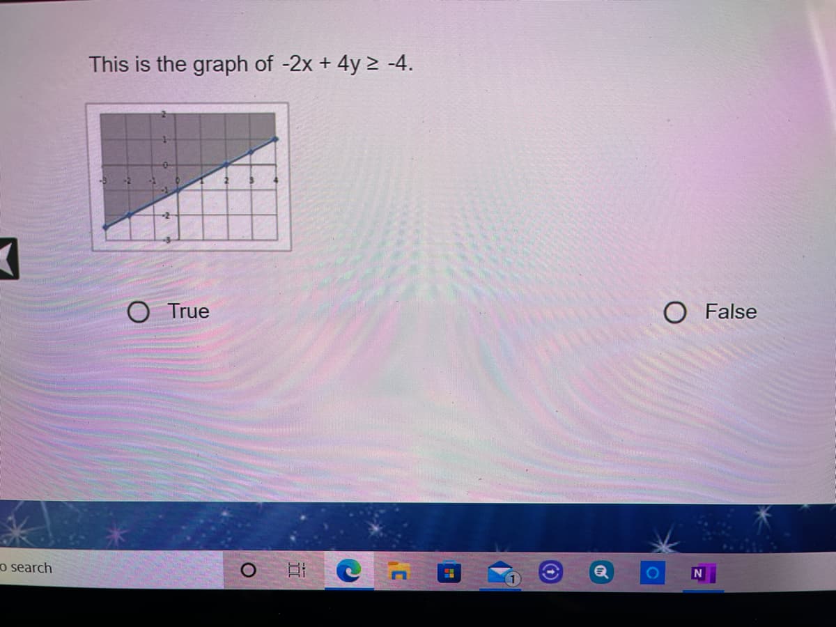 This is the graph of -2x + 4y 2 -4.
True
O False
o search
0 目 Cn
