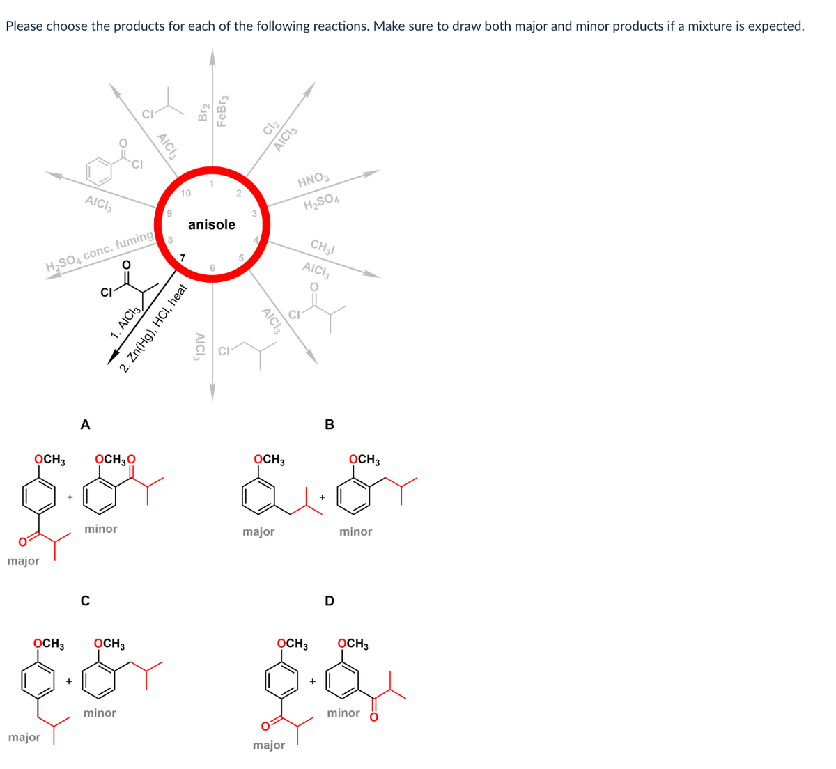 Please choose the products for each of the following reactions. Make sure to draw both major and minor products if a mixture is expected.
OCH 3
major
OCH3
major
AICI 3
H₂SO4 conc. fuming
A
OCH 30
minor
C
OCH3
Ţi
minor
AICI 3
10
7
Br₂
FeBr3
1. AICI 3
2. Zn(Hg), HCl, heat
anisole
1
AICI 3
6
5
Cl₂
AICI 3
major
AICI 3
HNO3
H₂SO4
major
OCH 3
OCH 3
ELŐT
OCH 3
CH31
AICI 3
B
D
minor
OCH 3
minor