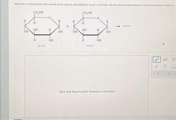 Nigerose is a disaccharide that consists of two glucose units linked by an a(1
H
OH
Сн он
Н
OH
Н
plucose
H
OH
H
ОН
+
H
OH
CH₂OH
Н
ОН
Н
glucose
H
3) bond. Use the reaction shown below to draw the structure of nigerose.
OH
Н
OH
- nigerose
Click and drag to start drawing a structure.
0
X
С
E