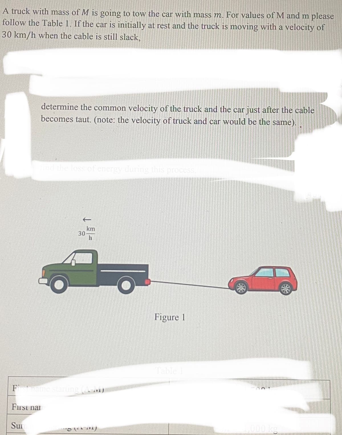 A truck with mass of M is going to tow the car with mass m. For values of M and m please
follow the Table 1. If the car is initially at rest and the truck is moving with a velocity of
30 km/h when the cable is still slack,
determine the common velocity of the truck and the car just after the cable
becomes taut. (note: the velocity of truck and car would be the same).
Sun
find the loss of energy during this process.
↓
30
km
h
First name starting (A-M)
First nam
(2)
Figure 1
Table 1
1,000 kg