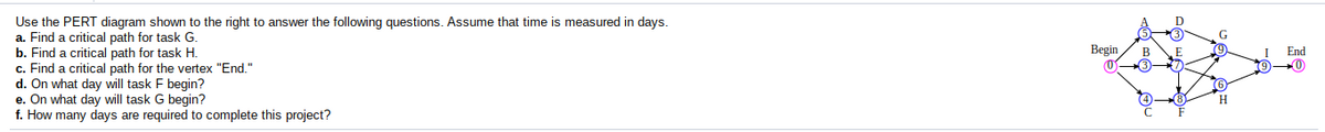 ### PERT Diagram Activity

#### Questions:
Use the PERT diagram shown to the right to answer the following questions. Assume that time is measured in days.

a. Find a critical path for task G.  
b. Find a critical path for task H.  
c. Find a critical path for the vertex "End."  
d. On what day will task F begin?  
e. On what day will task G begin?  
f. How many days are required to complete this project?

### Diagram Explanation:
The diagram displayed is a PERT (Program Evaluation Review Technique) chart, which is used for planning and scheduling tasks in a project. The PERT chart consists of nodes representing tasks (A, B, C, D, E, F, G, H, I) and directed edges connecting these nodes. The beginning of the project starts at the node labeled "Begin," and the conclusion is at the node labeled "End."

1. **Nodes**: 
   - Each node represents a task that must be completed.
   - Nodes are labeled from A to I.

2. **Edges**:
   - Directed edges indicate the sequence of task execution.
   - Each edge connects two tasks and shows the precedence relationship.

3. **Critical Paths**: 
   - A critical path is the longest time path through the network, determining the shortest completion time for the entire project.

4. **Tasks and Dependencies**: 
   - Task dependencies illustrate the order in which tasks must be performed.

In this PERT diagram:
- Task A, B, and C are the immediate successors of the "Begin" node.
- Task D, E, and F follow after A, B, and C respectively.
- Task G and H follow after D and E.
- Task I is influenced by G and H and leads to the "End" node.

To answer the questions, one must determine the critical paths and task timings based on the outlined dependencies.

>Note: The specific durations of tasks are not given in the diagram. The diagram provides the project structure sans individual task durations. For detailed project planning and scheduling, the duration values would be required.