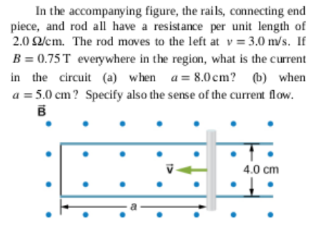 In the accompanying figure, the rails, connecting end
piece, and rod all have a resistance per unit length of
2.0 2/cm. The rod moves to the left at v = 3.0 m/s. If
B = 0.75T everywhere in the region, what is the current
in the circuit (a) when a = 8.0cm? (b) when
a = 5.0 cm? Specify also the sense of the current flow.
4.0 cm
