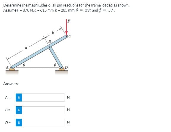 Determine the magnitudes of all pin reactions for the frame loaded as shown.
Assume F = 870 N, a = 615 mm, b = 285 mm, = 33", and o = 59°.
F
Answers:
A =
B =
D =
N.
