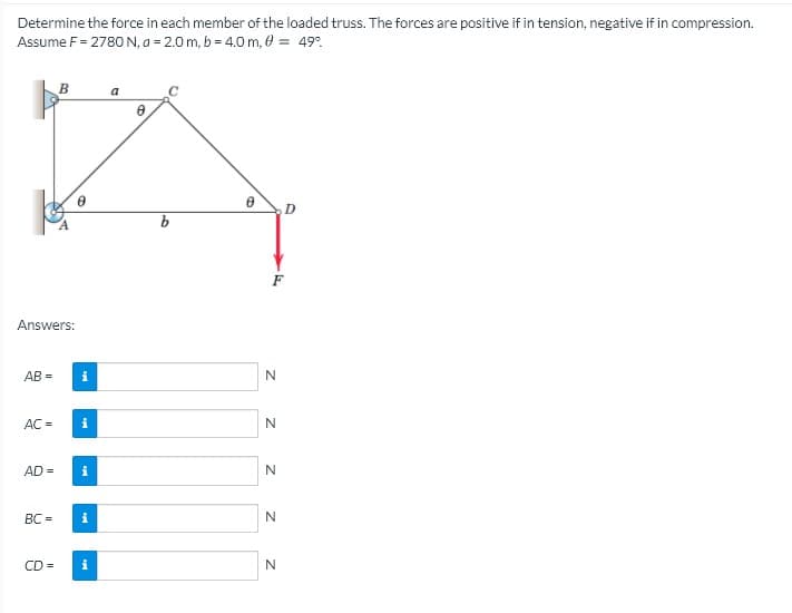 Determine the force in each member of the loaded truss. The forces are positive if in tension, negative if in compression.
Assume F = 2780N, a = 2.0 m, b = 4.0m, 0 = 49°.
a
.D
F
Answers:
AB =
AC =
i
AD =
i
BC =
CD =
i
9.
