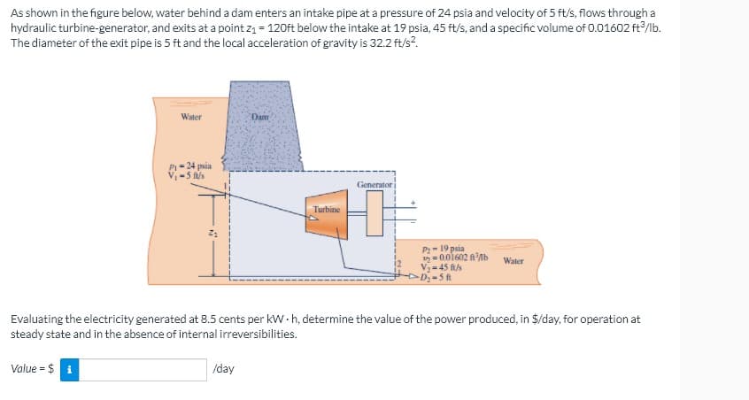 As shown in the figure below, water behind a dam enters an intake pipe at a pressure of 24 psia and velocity of 5 ft/s, flows through a
hydraulic turbine-generator, and exits at a point z1 = 120ft below the intake at 19 psia, 45 ft/s, and a specific volume of 0.01602 ft/lb.
The diameter of the exit pipe is 5 ft and the local acceleration of gravity is 32.2 ft/s?.
Water
Dam
P = 24 psia
V-5 f/s
Generator
Turbine
P- 19 psia
= 0.01602 nAb
V,-45 t/s
Dz-5ft
Water
Evaluating the electricity generated at 8.5 cents per kW - h, determine the value of the power produced, in $/day, for operation at
steady state and in the absence of internal irreversibilities.
Value = $
/day
