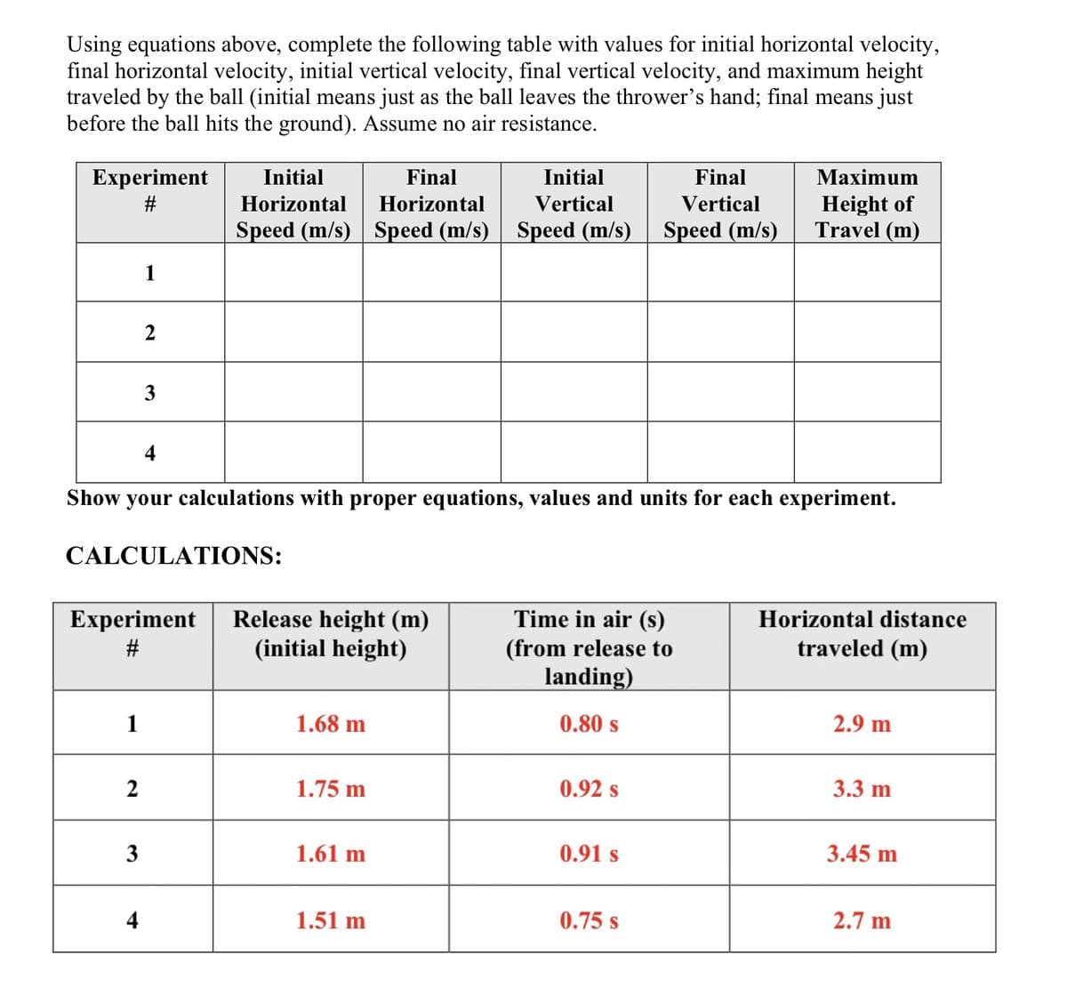 ### Projectile Motion Experiment

In this experiment, you will use the given equations to complete a table involving the following variables:

1. Initial Horizontal Velocity
2. Final Horizontal Velocity
3. Initial Vertical Velocity
4. Final Vertical Velocity
5. Maximum Height of Travel

### Experimental Data:

| Experiment # | Initial Horizontal Speed (m/s) | Final Horizontal Speed (m/s) | Initial Vertical Speed (m/s) | Final Vertical Speed (m/s) | Maximum Height of Travel (m) |
| ------------ | ------------------------------ | ---------------------------- | ---------------------------- | -------------------------- | ---------------------------- |
| 1            |                                |                              |                              |                            |                              |
| 2            |                                |                              |                              |                            |                              |
| 3            |                                |                              |                              |                            |                              |
| 4            |                                |                              |                              |                            |                              |

Please calculate each parameter for each experiment using the provided data and the appropriate physics equations. Assume no air resistance impacts the results.

### Calculations:

The data below provides the necessary information to complete the table above.

| Experiment # | Release Height (m) (Initial Height) | Time in air (s) (from release to landing) | Horizontal Distance Traveled (m) |
| ------------ | ----------------------------------- | ---------------------------------------- | -------------------------------- |
| 1            | 1.68 m                              | 0.80 s                                   | 2.9 m                            |
| 2            | 1.75 m                              | 0.92 s                                   | 3.3 m                            |
| 3            | 1.61 m                              | 0.91 s                                   | 3.45 m                           |
| 4            | 1.51 m                              | 0.75 s                                   | 2.7 m                            |

### Equations to Use:

1. **Horizontal Velocity**:
   \[
   v_{x} = \frac{d}{t}
   \]
   where \(d\) is the horizontal distance traveled and \(t\) is the time in the air.

2. **Vertical Velocity at Initial and Final Points**:
   \[
   v_{y, \text{initial}} = \sqrt{2gh}
   \]
   \[
   v_{y, \text{final}} = g \cdot t
   \]
   where \(h\) is the release height and \(g\