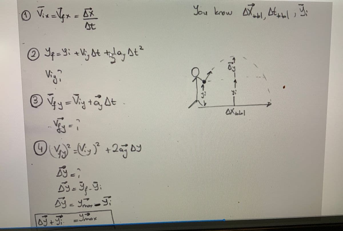 ### Kinematic Equations for Projectile Motion

#### Explanation and Diagram for Understanding Projectile Motion

1. **Horizontal Motion Equation:**
   \[
   \vec{V}_{i,x} = \vec{V}_{f,x} = \frac{\Delta \vec{X}}{\Delta t}
   \]

2. **Vertical Position Equation:**
   \[
   y_f = y_i + \vec{V}_{i,y} \Delta t + \frac{1}{2} a_y (\Delta t)^2
   \]
   Find \( \vec{V}_{i,y} \)?

3. **Vertical Velocity Equation:**
   \[
   \vec{V}_{f,y} = \vec{V}_{i,y} + a_y \Delta t
   \]
   Find \( \vec{V}_{f,y} \)?

4. **Vertical Motion Equation:**
   \[
   (\vec{V}_{f,y})^2 = (\vec{V}_{i,y})^2 + 2 a_y \Delta y
   \]

Let’s determine \( \Delta y \):

\[
\Delta y = y_f - y_i
\]

Knowing the relation:
\[
\Delta y = y_{\text{max}} - y_i
\]

### Diagram Description

The diagram to the right illustrates a projectile motion scenario. It depicts a stick figure releasing a projectile at an angle. The vertical and horizontal displacements (\( \Delta y \) and \( \Delta x_{\text{total}}\)) are noted. The initial vertical position \( y_i \) and the time interval \( \Delta t_{\text{total}} \) are also given.

Key points:

- \( \Delta \vec{X}_{\text{total}} \) denotes the total horizontal displacement.
- \( \Delta \vec{t}_{\text{total}} \) denotes the total time interval.
- \( y_i \) is the initial vertical position.
- \( y_f \) represents the final vertical position at different points in the projectile’s path.
- The maximum vertical height achieved by the projectile is noted as \( y_{\text{max}} \).

By understanding these equations and the diagram, students can analyze and solve various projectile motion problems in physics.