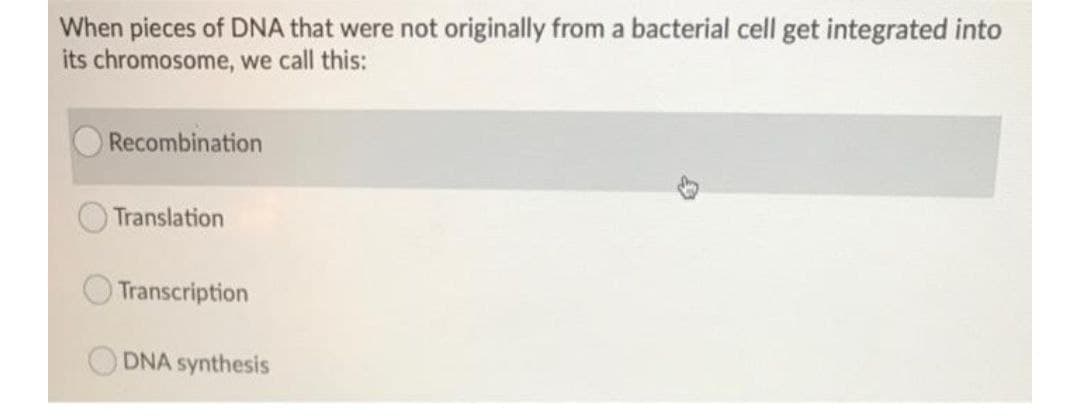 When pieces of DNA that were not originally from a bacterial cell get integrated into
its chromosome, we call this:
Recombination
Translation
O Transcription
DNA synthesis
