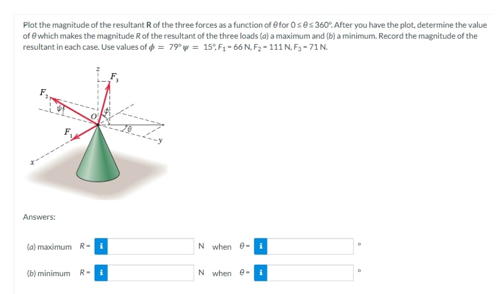 Plot the magnitude of the resultant R of the three forces as a function of for 0≤0≤ 360°. After you have the plot, determine the value
of 0 which makes the magnitude R of the resultant of the three loads (a) a maximum and (b) a minimum. Record the magnitude of the
resultant in each case. Use values of p = 79° y = 15°, F₁ = 66 N, F₂ = 111 N, F3 = 71 N.
F₂
F₁
Answers:
(a) maximum R= i
N when = i
(b) minimum R = i
N when 0- i