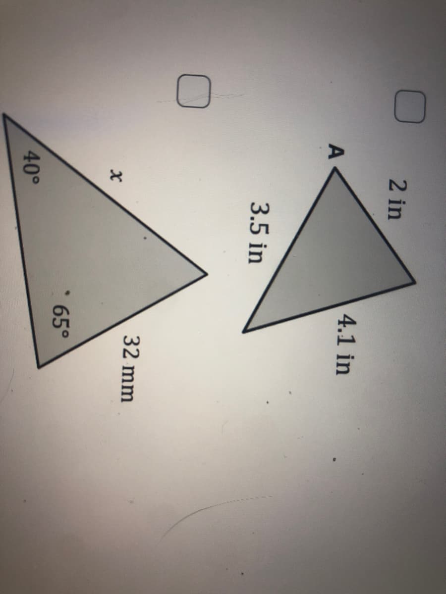 A
2 in
x
40°
3.5 in
4.1 in
32 mm
65°