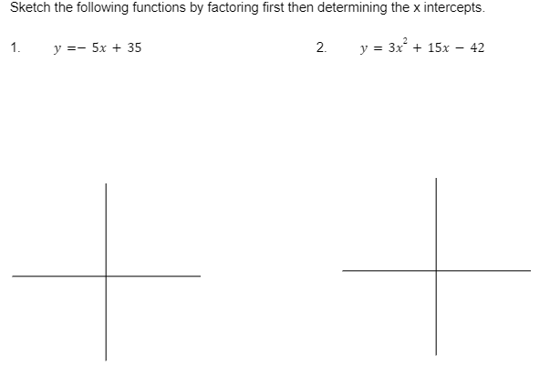 Sketch the following functions by factoring first then determining the x intercepts.
1.
y = 5x + 35
2.
y = 3x² + 15x - 42