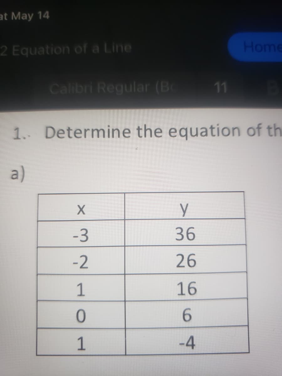 at May 14
2 Equation of a Line
Home
Calibri Regular (Bo
11
1.. Determine the equation of the
a)
-3
36
-2
26
1
16
6.
1
-4
