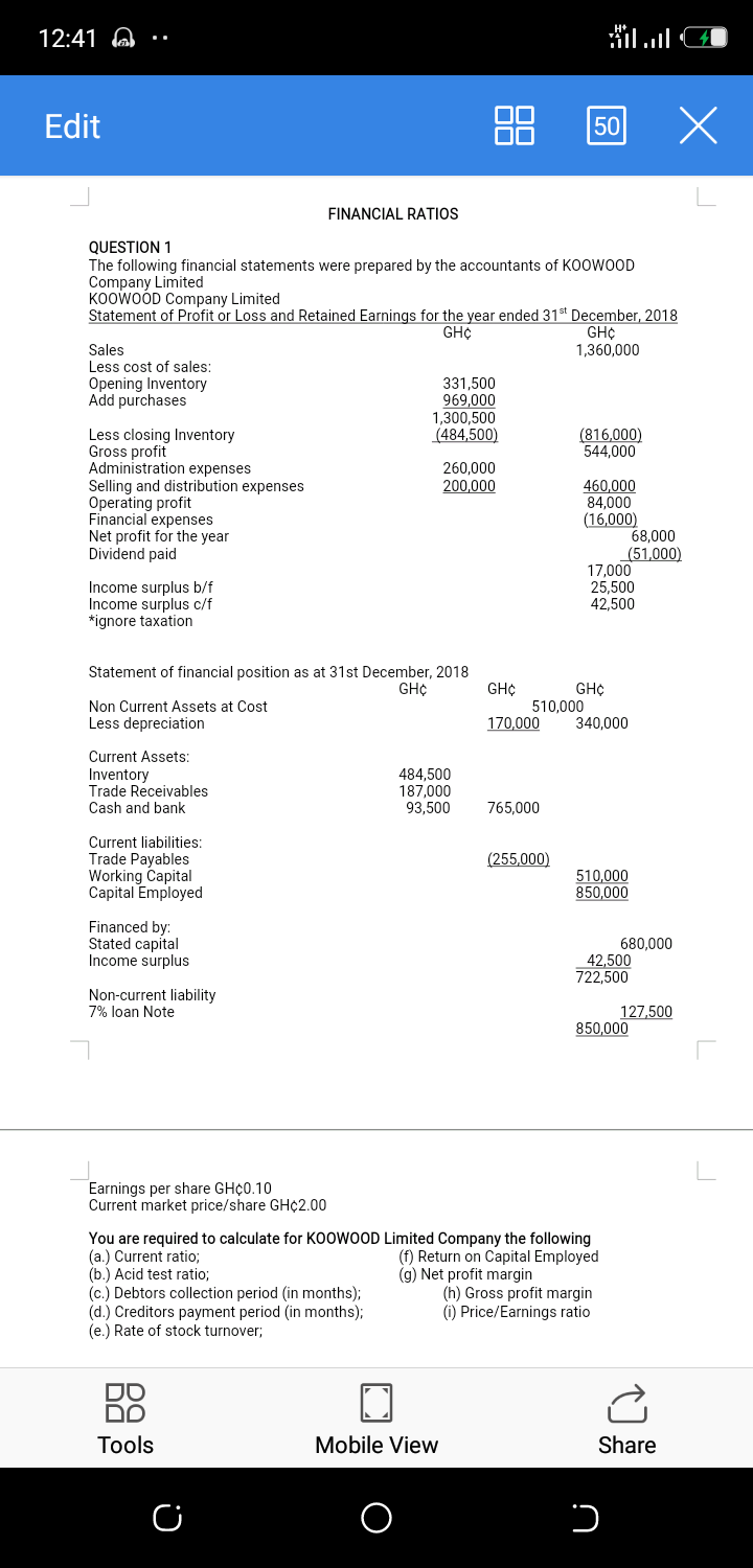 12:41 A
Edit
50
FINANCIAL RATIOS
QUESTION 1
The following financial statements were prepared by the accountants of KOOWOOD
Company Limited
KOowoÓD Company Limited
Statement of Profit or Loss and Retained Earnings for the year ended 31st December, 2018
GH¢
GH¢
1,360,000
Sales
Less cost of sales:
Opening Inventory
Add purchases
331,500
969,000
1,300,500
(484,500)
Less closing Inventory
Gross profit
Administration expenses
Selling and distribution expenses
Operating profit
Financial expenses
Net profit for the year
Dividend paid
(816,000)
544,000
260,000
200,000
460,000
84,000
(16,000)
68.000
(51,000)
17,000
25,500
42,500
Income surplus b/f
Income surplus c/f
*ignore taxation
Statement of financial position as at 31st December, 2018
GH¢
GH¢
GHC
Non Current Assets at Cost
510,000
Less depreciation
170,000
340,000
Current Assets:
Inventory
Trade Receivables
Cash and bank
484,500
187,000
93,500
765,000
Current liabilities:
Trade Payables
Working Capital
Capital Employed
(255,000)
510,000
850,000
Financed by:
Stated capital
Income surplus
680,000
42,500
722,500
Non-current liability
7% loạn Note
127,500
850,000
Earnings per share GH¢0.10
Current market price/share GH¢2.00
You are required to calculate for KOOWOOD Limited Company the following
(a.) Current ratio%3;
(b.) Acid test ratio;
(c.) Debtors collection period (in months);
(d.) Creditors payment period (in months);
(e.) Rate of stock turnover;
(f) Return on Capital Employed
(g) Net profit margin
(h) Gross profit margin
(i) Price/Earnings ratio
DO
Tools
Mobile View
Share
