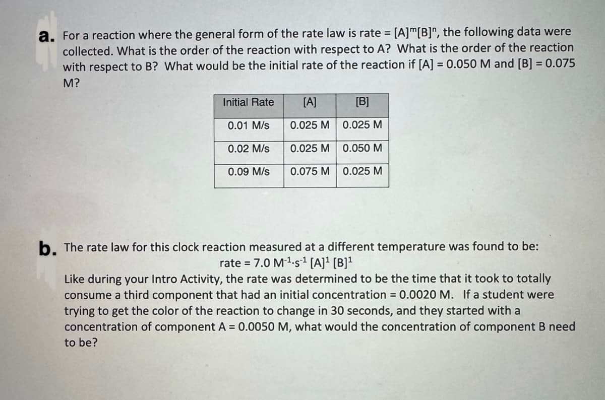 a. For a reaction where the general form of the rate law is rate = [A] [B]", the following data were
collected. What is the order of the reaction with respect to A? What is the order of the reaction
with respect to B? What would be the initial rate of the reaction if [A] = 0.050 M and [B] = 0.075
M?
Initial Rate
0.01 M/s
0.02 M/s
0.09 M/s
[A]
0.025 M
0.025 M
0.075 M
[B]
0.025 M
0.050 M
0.025 M
b. The rate law for this clock reaction measured at a different temperature was found to be:
rate = 7.0 M-¹.s¹1 [A]¹ [B]¹
Like during your Intro Activity, the rate was determined to be the time that it took to totally
consume a third component that had an initial concentration = 0.0020 M. If a student were
trying to get the color of the reaction to change in 30 seconds, and they started with a
concentration of component A = 0.0050 M, what would the concentration of component B need
to be?