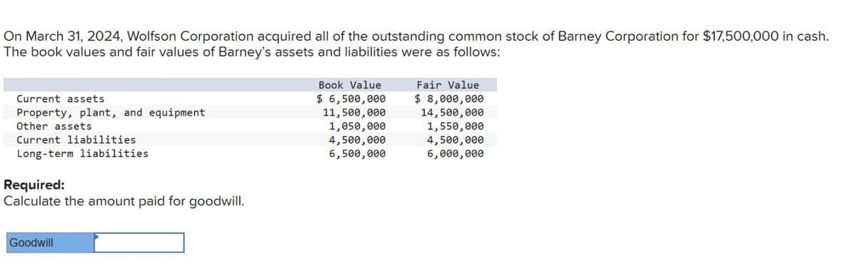 On March 31, 2024, Wolfson Corporation acquired all of the outstanding common stock of Barney Corporation for $17,500,000 in cash.
The book values and fair values of Barney's assets and liabilities were as follows:
Current assets
Property, plant, and equipment
Other assets
Current liabilities
Long-term liabilities
Required:
Calculate the amount paid for goodwill.
Goodwill
Book Value
$ 6,500,000
11,500,000
1,050,000
4,500,000
6,500,000
Fair Value
$ 8,000,000
14,500,000
1,550,000
4,500,000
6,000,000