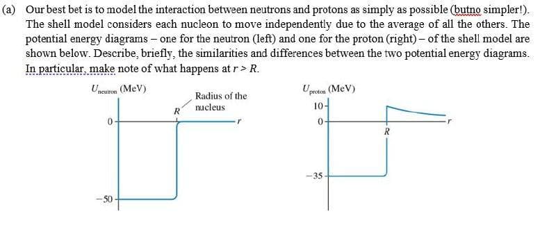 (a) Our best bet is to model the interaction between neutrons and protons as simply as possible (butno simpler!).
The shell model considers each nucleon to move independently due to the average of all the others. The
potential energy diagrams - one for the neutron (left) and one for the proton (right)- of the shell model are
shown below. Describe, briefly, the similarities and differences between the two potential energy diagrams.
In particular, make note of what happens at r> R.
Uneuron (MeV)
proton
Radius of the
nucleus
10-
R
-35
- 50
