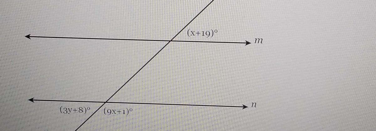 (3y+8)º
(9x+1)º
(x+19)°
m
n