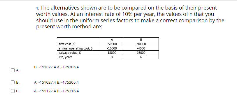 U
r
r
A.
B.
n
1. The alternatives shown are to be compared on the basis of their present
worth values. At an interest rate of 10% per year, the values of n that you
should use in the uniform series factors to make a correct comparison by the
present worth method are:
first cost, $
annual operating cost, S
salvage value, $
life, years
B. -151027.4 A. -175306.4
A. -151027.4 B. -175306.4
A. -151127.4 B. -175316.4
A
-50000
-10000
13000
3
B
-90000
-4000
15000
6