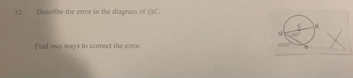 32.
Describe the error in the diagram of OC.
Find two ways to correct the error.
45
100°
