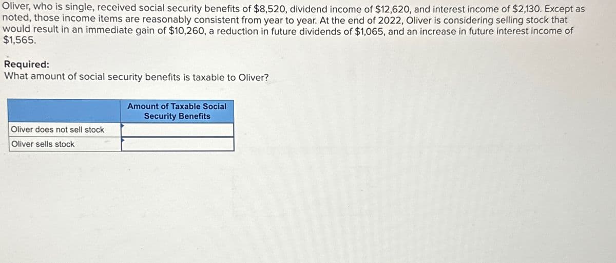 Oliver, who is single, received social security benefits of $8,520, dividend income of $12,620, and interest income of $2,130. Except as
noted, those income items are reasonably consistent from year to year. At the end of 2022, Oliver is considering selling stock that
would result in an immediate gain of $10,260, a reduction in future dividends of $1,065, and an increase in future interest income of
$1,565.
Required:
What amount of social security benefits is taxable to Oliver?
Oliver does not sell stock
Oliver sells stock
Amount of Taxable Social
Security Benefits