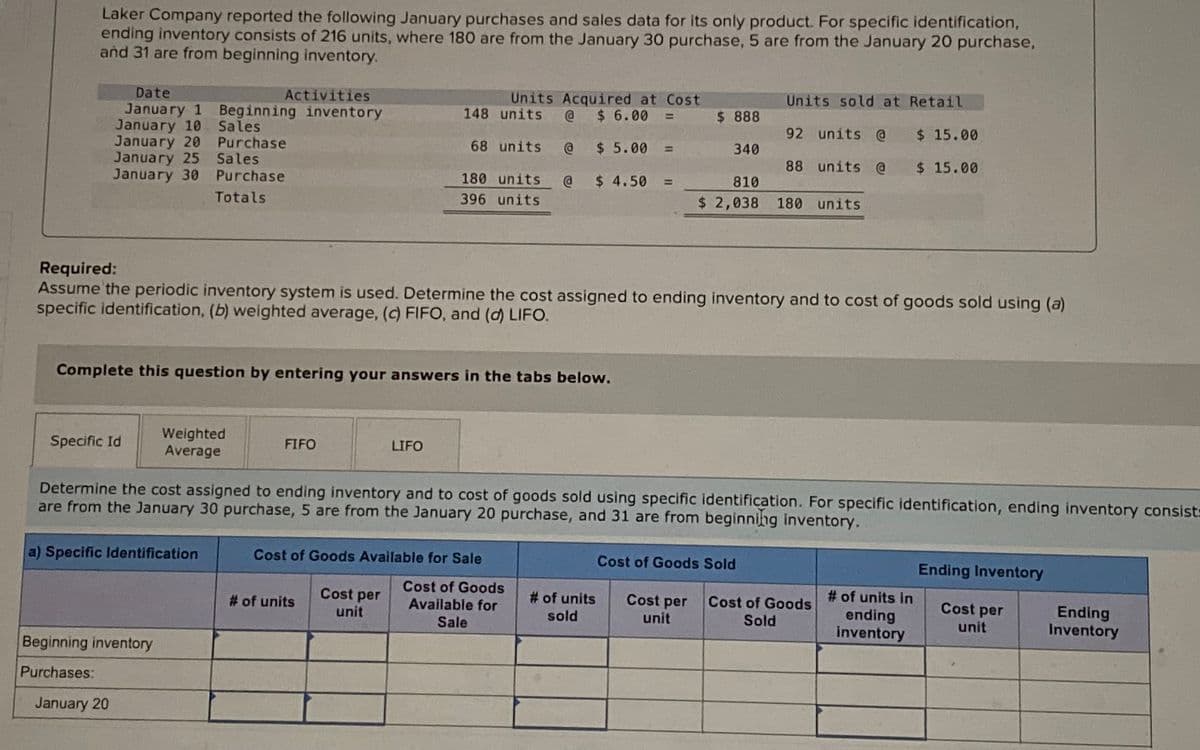 Laker Company reported the following January purchases and sales data for its only product. For specific identification,
ending inventory consists of 216 units, where 180 are from the January 30 purchase, 5 are from the January 20 purchase,
and 31 are from beginning inventory.
Date
Activities
January 1 Beginning inventory
Sales
January 10
Purchase
January 20
January 25 Sales
January 30
Specific Id
Purchase
Totals
Complete this question by entering your answers in the tabs below.
January 20
a) Specific Identification
Beginning inventory
Purchases:
Weighted
Average
FIFO
Required:
Assume the periodic inventory system is used. Determine the cost assigned to ending inventory and to cost of goods sold using (a)
specific identification, (b) weighted average, (c) FIFO, and (d) LIFO.
148 units
68 units
180 units @ $ 4.50
396 units
LIFO
# of units
Units Acquired at Cost
@ $6.00 =
$5.00 =
Cost of Goods Available for Sale
Cost per
unit
Determine the cost assigned to ending inventory and to cost of goods sold using specific identification. For specific identification, ending inventory consist-
are from the January 30 purchase, 5 are from the January 20 purchase, and 31 are from beginning inventory.
Cost of Goods
Available for
Sale
$ 888
# of units
sold
340
810
$ 2,038
Cost per
unit
Units sold at Retail
92 units @
88 units @
Cost of Goods Sold
180 units
$ 15.00
$ 15.00
Cost of Goods
Sold
# of units in
ending
inventory
Ending Inventory
Cost per
unit
Ending
Inventory