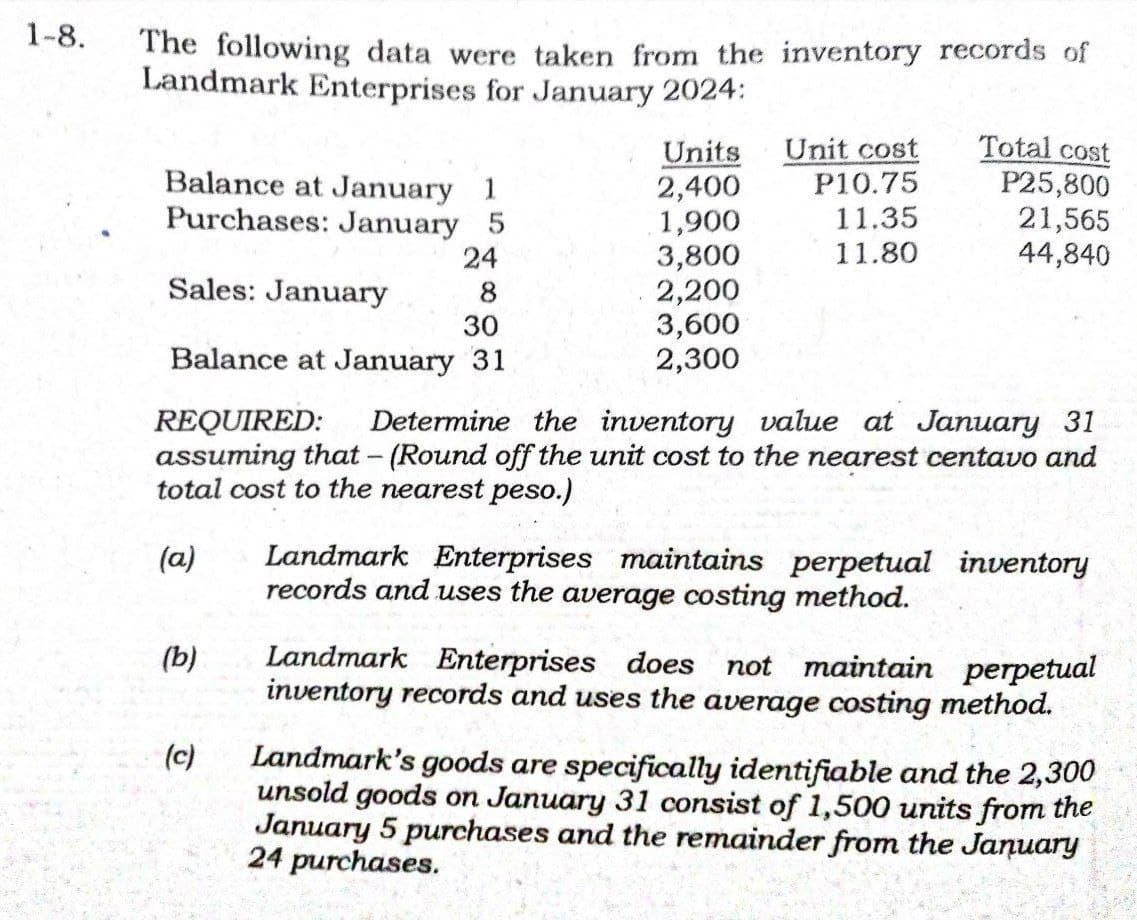 1-8.
The following data were taken from the inventory records of
Landmark Enterprises for January 2024:
Balance at January 1
Purchases: January 5
24
Sales: January
8
30
Balance at January 31
(b)
Units
2,400
1,900
3,800
2,200
3,600
2,300
(c)
Unit cost
P10.75
11.35
11.80
REQUIRED: Determine the inventory value at January 31
assuming that - (Round off the unit cost to the nearest centavo and
total cost to the nearest peso.)
(a)
Total cost
P25,800
21,565
44,840
Landmark Enterprises maintains perpetual inventory
records and uses the average costing method.
Landmark Enterprises does not maintain perpetual
inventory records and uses the average costing method.
Landmark's goods are specifically identifiable and the 2,300
unsold goods on January 31 consist of 1,500 units from the
January 5 purchases and the remainder from the January
24 purchases.