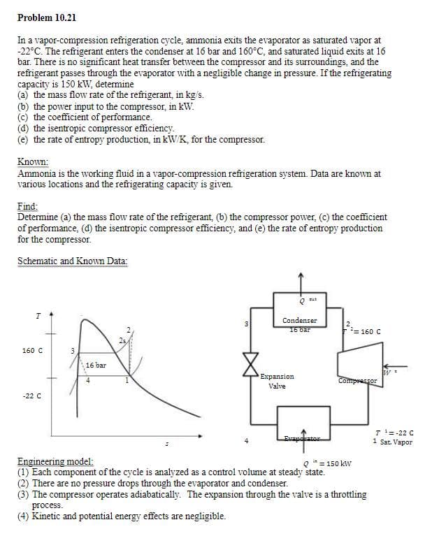 Problem 10.21
In a vapor-compression refrigeration cycle, ammonia exits the evaporator as saturated vapor at
-22°C. The refrigerant enters the condenser at 16 bar and 160°C, and saturated liquid exits at 16
bar. There is no significant heat transfer between the compressor and its surroundings, and the
refrigerant passes through the evaporator with a negligible change in pressure. If the refrigerating
capacity is 150 kW, determine
(a) the mass flow rate of the refrigerant, in kg/s.
(b) the power input to the compressor, in kW.
(c) the coefficient of performance.
(d) the isentropic compressor efficiency.
(e) the rate of entropy production, in kW/K, for the compressor.
Known:
Ammonia is the working fluid in a vapor-compression refrigeration system. Data are known at
various locations and the refrigerating capacity is given.
Find:
Determine (a) the mass flow rate of the refrigerant, (b) the compressor power, (c) the coefficient
of performance, (d) the isentropic compressor efficiency, and (e) the rate of entropy production
for the compressor.
Schematic and Known Data:
T
160 C
-22 C
3
A
16 bar
S
Qu
Condenser
16 bar
Expansion
Valve
160 C
Compressor
Engineering model:
Q = 150 kW
(1) Each component of the cycle is analyzed as a control volume at steady state.
(2) There are no pressure drops through the evaporator and condenser.
(3) The compressor operates adiabatically. The expansion through the valve is a throttling
process.
(4) Kinetic and potential energy effects are negligible.
T¹=-22 C
1 Sat. Vapor