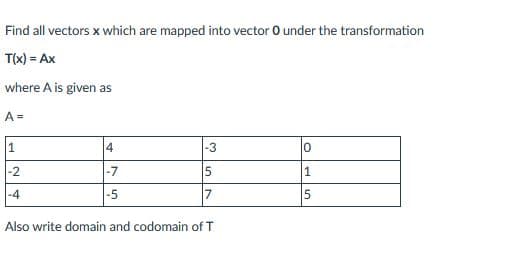 Find all vectors x which are mapped into vector 0 under the transformation
T(x) = Ax
where A is given as
A =
1
4
-3
10
|-2
|-7
5
1
|-4
-5
7
15
Also write domain and codomain of T
