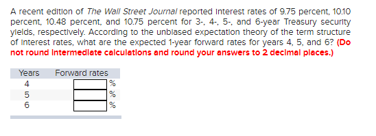 A recent edition of The Wall Street Journal reported Interest rates of 9.75 percent, 10.10
percent, 10.48 percent, and 10.75 percent for 3-, 4-, 5-, and 6-year Treasury security
yields, respectively. According to the unbiased expectation theory of the term structure
of Interest rates, what are the expected 1-year forward rates for years 4, 5, and 6? (Do
not round Intermediate calculations and round your answers to 2 decimal places.)
Years Forward rates
456