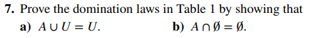 domination laws in Table 1 by showing that
b) Ang = Ø.
7. Prove the
a) AU U = U.