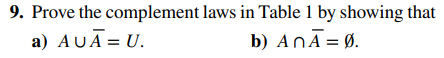 9. Prove the
a) AUÃ = U.
complement laws in Table 1 by showing that
b) ANĀ= Ø.