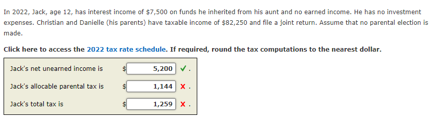 In 2022, Jack, age 12, has interest income of $7,500 on funds he inherited from his aunt and no earned income. He has no investment
expenses. Christian and Danielle (his parents) have taxable income of $82,250 and file a joint return. Assume that no parental election is
made.
Click here to access the 2022 tax rate schedule. If required, round the tax computations to the nearest dollar.
Jack's net unearned income is
Jack's allocable parental tax is
Jack's total tax is
69
69
5,200 ✔.
1,144 X.
1,259 X.