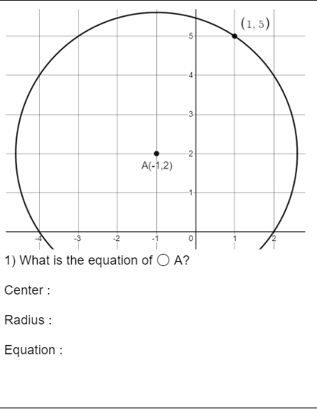 (1, 5)
4-
3-
A(-1,2)
1) What is the equation of O A?
Center :
Radius :
Equation :
2.
