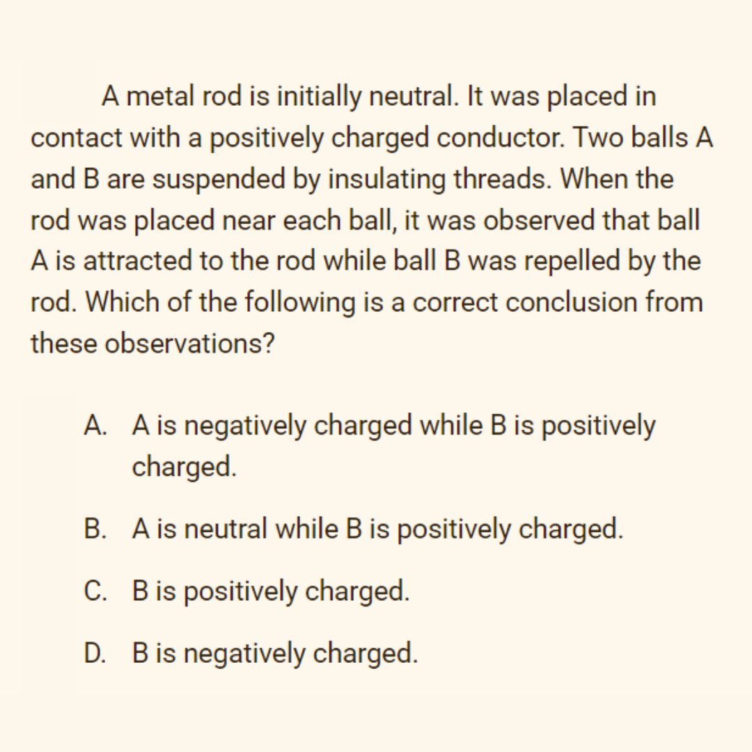 A metal rod is initially neutral. It was placed in
contact with a positively charged conductor. Two balls A
and B are suspended by insulating threads. When the
rod was placed near each ball, it was observed that ball
A is attracted to the rod while ball B was repelled by the
rod. Which of the following is a correct conclusion from
these observations?
A. A is negatively charged while B is positively
charged.
B. A is neutral while B is positively charged.
C. Bis positively charged.
D. Bis negatively charged.
