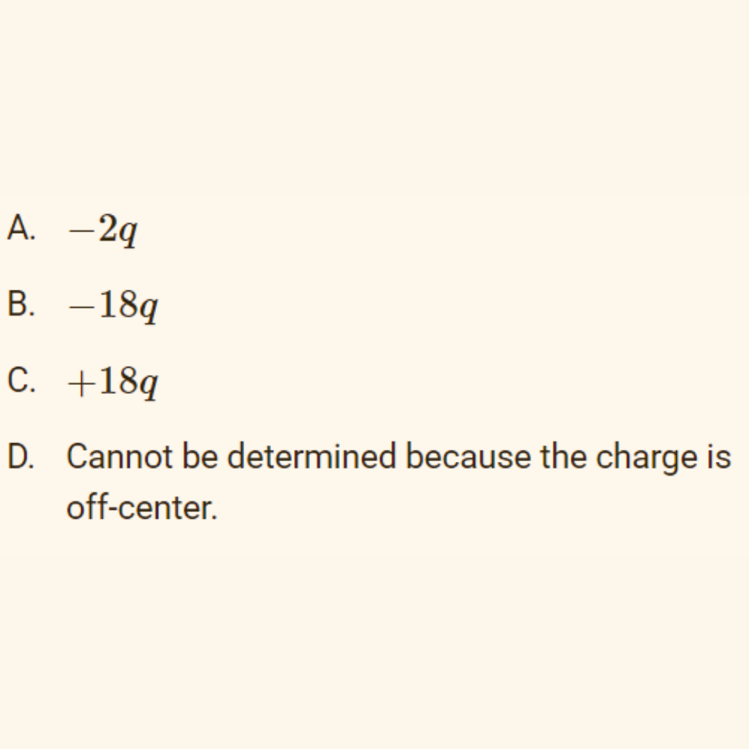 A. -2q
|
В. — 189
С. +18q
D. Cannot be determined because the charge is
off-center.
