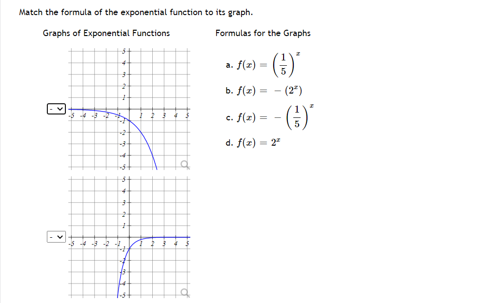 Match the formula of the exponential function to its graph.
Graphs of Exponential Functions
Formulas for the Graphs
- ()'
а. f(x) —
Ь. f(x) —
(2")
()
c. f(x) = -
-3
d. f(x) = 2"
-5-
