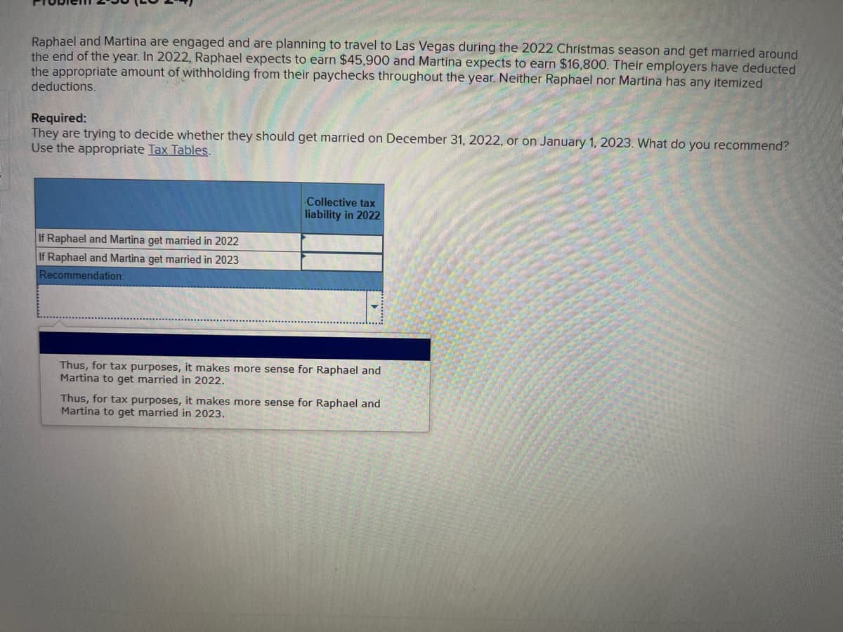 Raphael and Martina are engaged and are planning to travel to Las Vegas during the 2022 Christmas season and get married around
the end of the year. In 2022, Raphael expects to earn $45,900 and Martina expects to earn $16,800. Their employers have deducted
the appropriate amount of withholding from their paychecks throughout the year. Neither Raphael nor Martina has any itemized
deductions.
Required:
They are trying to decide whether they should get married on December 31, 2022, or on January 1, 2023. What do you recommend?
Use the appropriate Tax Tables.
If Raphael and Martina get married in 2022
If Raphael and Martina get married in 2023
Recommendation:
Collective tax
liability in 2022
Thus, for tax purposes, it makes more sense for Raphael and
Martina to get married in 2022.
Thus, for tax purposes, it makes more sense for Raphael and
Martina to get married in 2023.