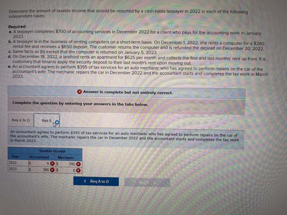 Determine the amount of taxable income that should be reported by a cash-basis taxpayer in 2022 in each of the following
independent cases:
Required:
a. A taxpayer completes $700 of accounting services in December 2022 for a client who pays for the accounting work in January
2023.
b. A taxpayer is in the business of renting computers on a short-term basis. On December 1, 2022, she rents a computer for a $260
rental fee and receives a $650 deposit. The customer returns the computer and is refunded the deposit on December 20, 2022.
c. Same facts as (b) except that the computer is returned on January 5, 2023.
d. On December 18, 2022, a landlord rents an apartment for $625 per month and collects the first and last months' rent up front. It is
customary that tenants apply the security deposit to their last month's rent upon moving out.
e. An accountant agrees to perform $395 of tax services for an auto mechanic who has agreed to perform repairs on the car of the
accountant's wife. The mechanic repairs the car in December 2022 and the accountant starts and completes the tax work in March
2023.
Complete the question by entering your answers in the tabs below.
Req A to D
Year
An accountant agrees to perform $395 of tax services for an auto mechanic who has agreed to perform repairs on the car of
the accountant's wife. The mechanic repairs the car in December 2022 and the accountant starts and completes the tax work
in March 2023.
2022
2023
Req E
$
Accountant
$
Taxable income
X Answer is complete but not entirely correct.
Mechanic
0XS
395 $
395 x
0x
< Req A to D
Reg