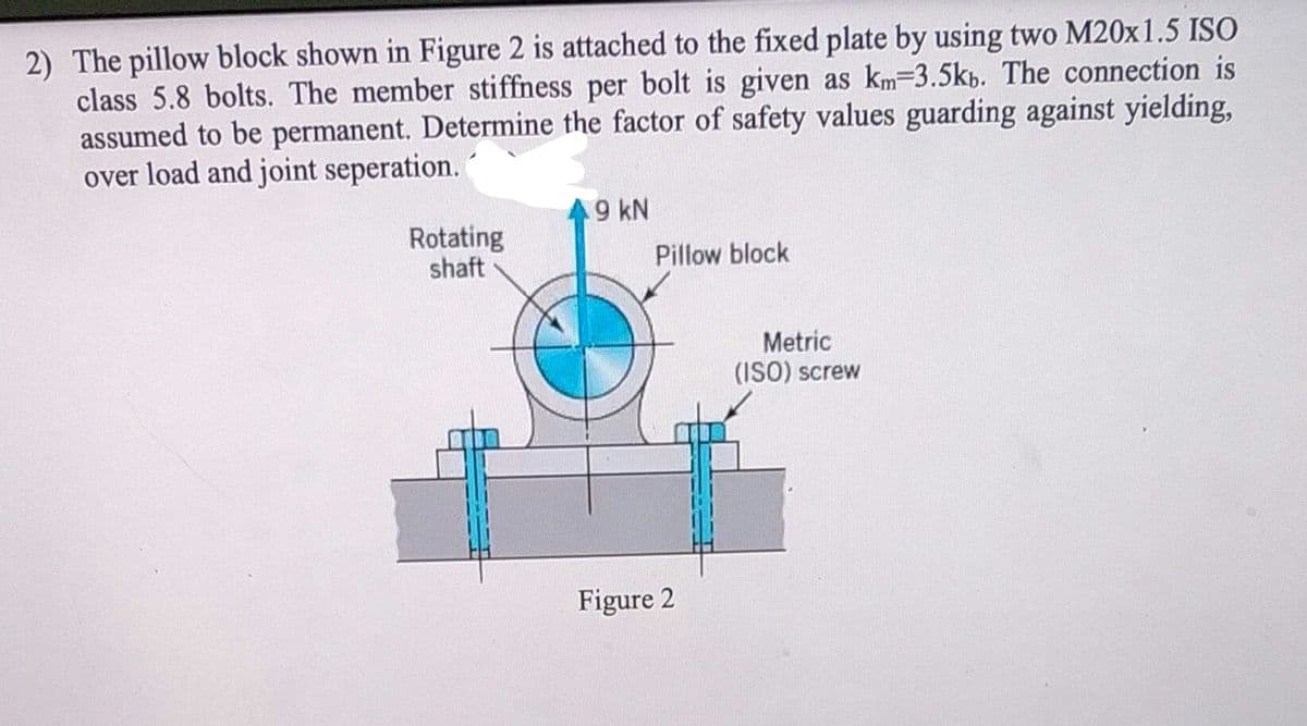 2) The pillow block shown in Figure 2 is attached to the fixed plate by using two M20x1.5 ISO
class 5.8 bolts. The member stiffness per bolt is given as km=3.5kb. The connection is
assumed to be permanent. Determine the factor of safety values guarding against yielding,
over load and joint seperation.
9 kN
Rotating
shaft
Pillow block
Metric
(ISO) screw
Figure 2
