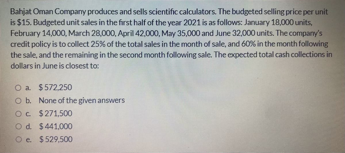 Bahjat Oman Company produces and sells scientific calculators. The budgeted selling price per unit
is $15. Budgeted unit sales in the first half of the year 2021 is as follows: January 18,000 units,
February 14,000, March 28,000, April 42,000, May 35,000 and June 32,000 units. The company's
credit policy is to collect 25% of the total sales in the month of sale, and 60% in the month following
the sale, and the remaining in the second month following sale. The expected total cash collections in
dollars in June is closest to:
O a. $572,250
O b. None of the given answers
Oc. $271,500
d. $441,000
O e. $529,500
