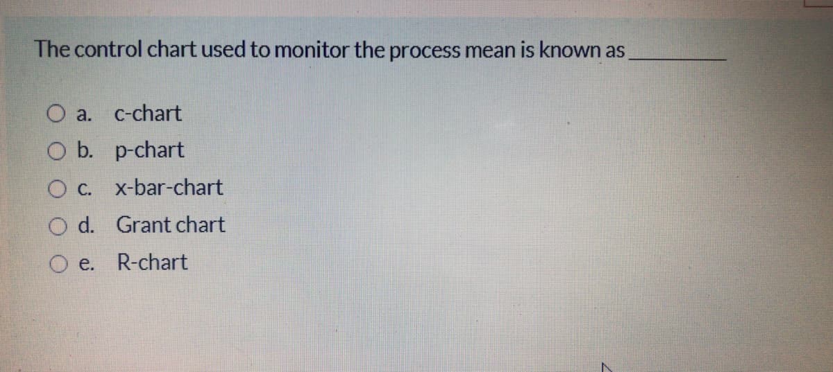 The control chart used to monitor the process mean is known as
O a. c-chart
O b. p-chart
C. x-bar-chart
O d. Grant chart
O e.
R-chart
