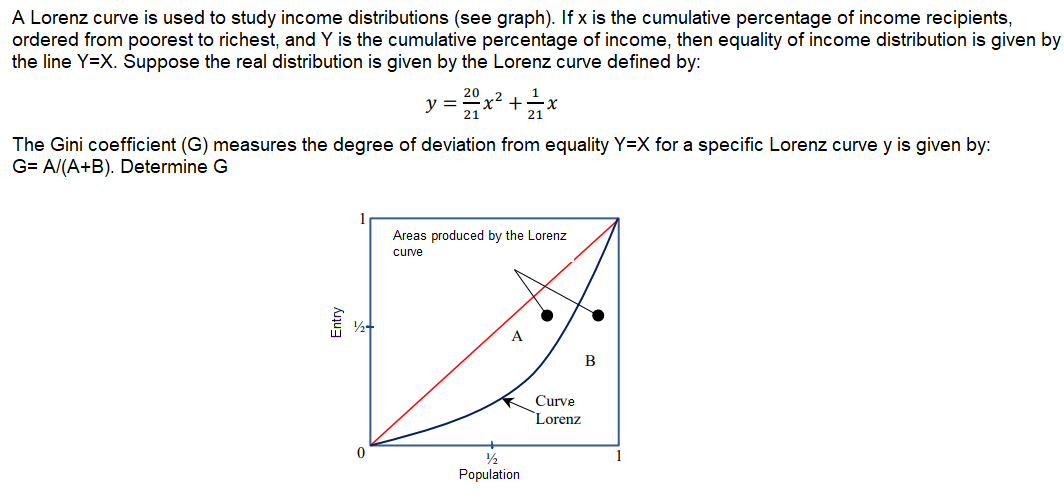 A Lorenz curve is used to study income distributions (see graph). If x is the cumulative percentage of income recipients,
ordered from poorest to richest, and Y is the cumulative percentage of income, then equality of income distribution is given by
the line Y=X. Suppose the real distribution is given by the Lorenz curve defined by:
20
y =x? +x
The Gini coefficient (G) measures the degree of deviation from equality Y=X for a specific Lorenz curve y is given by:
G= A/(A+B). Determine G
Areas produced by the Lorenz
curve
B
Curve
`Lorenz
Population
Entry
