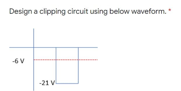 Design a clipping circuit using below waveform.
-6 V
-21 V
