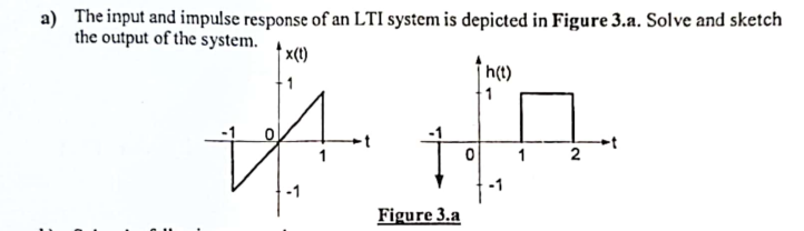 a) The input and impulse response of an LTI system is depicted in Figure 3.a. Solve and sketch
the output of the system.
x(t)
h(t)
117
Figure 3.a
-1
2