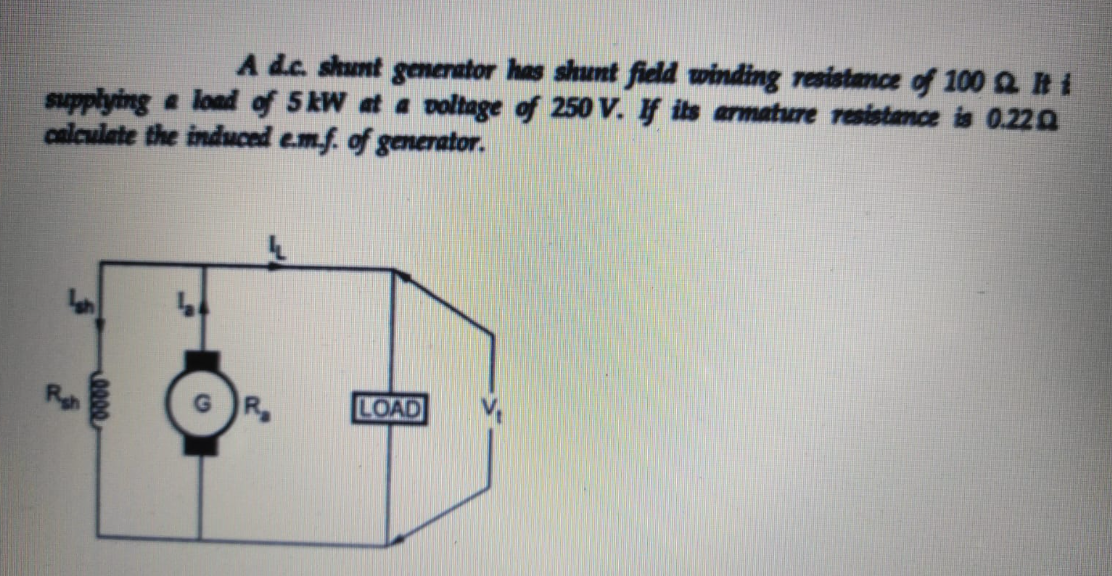 A d.c. shunt generator has shunt field winding resistance of 100 . It i
supplying a load of 5 kW at a voltage of 250 V. If its armature resistance is 0.220
calculate the induced e.m.f. of generator.
LOAD