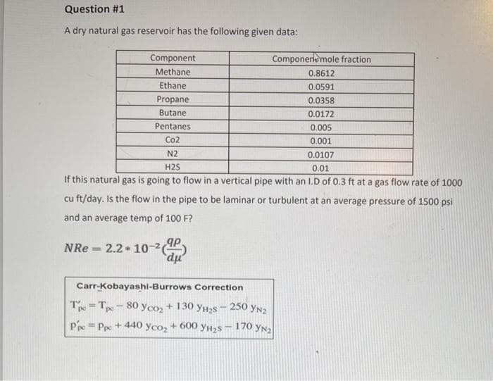 Question #1
A dry natural gas reservoir has the following given data:
Component
Componenemole fraction
Methane
0.8612
Ethane
0.0591
Propane
0.0358
Butane
0.0172
Pentanes
0.005
Co2
0.001
N2
0.0107
H2S
0.01
If this natural gas is going to flow in a vertical pipe with an I.D of 0.3 ft at a gas flow rate of 1000
cu ft/day. Is the flow in the pipe to be laminar or turbulent at an average pressure of 1500 psi
and an average temp of 100 F?
NRe = 2.2 10-2
Carr-Kobayashi-Burrows Correction
Tpe =Tpe- 80 yco2
+ 130 yus - 250 yN2
Ppe = Ppe + 440 yco, + 600 yH2s- 170 yn2
