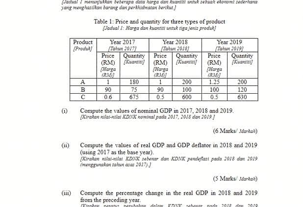 Jadual 1 menurnfukkan beberapa data harga dan kuantiti untuk sebuah ekonomi zederhana
jang menghasilkan darang dan perkhidmatan derikut.)
Table 1: Price and quantity for three types of product
[Jadual I: Harga dan kuantiti sontuk tiga jenis produk)
Product
[Produk)
Year 2019
[Tahun 20191
Price
(RM)
[Harga
(RM)
1.25
Year 2017
Year 2018
[Tahun 20181
Price
(RM) Kuanti) (RM) Kuanttij
[Harga
(RAM))
1
[Tahun 2017)
Quantity
Quantity
Kuantitij
Price
Quantity
[Harga
(RM))
A
180
200
200
B
90
75
90
100
100
120
0.6
675
0.5
600
0.5
630
(1)
Compute the values of nominal GDP in 2017, 2018 and 2019.
[Kirakan nilai-nilai KDNK nominal pada 2017, 2016 dan 2019)
(6 Marks/ Markah)
Compute the values of real GDP and GDP deflator in 2018 and 2019
(using 2017 as the base year).
[Kirakan nilai-nilat KDNK zebenar dan KDNK pendeflari pada 2018 dan 2019
(menggunakan tahun azas 2017))
(5 Marks/ Markak)
(iii) Compute the percentage change in the real GDP in 2018 and 2019
from the preceding year.
(Kinatan nerat
nervhghandelam KDNK ehengr nada 2018 dan 2019
